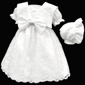 Baby Girls White Embroidered Lace Bow Dress & Bonnet